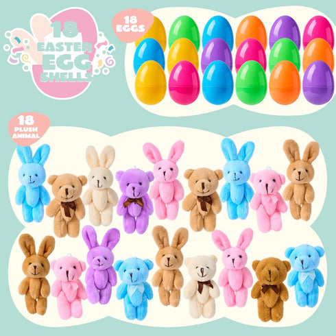 18 JOYIN Pcs Prefilled Easter Eggs with Plush Animals, Eggs with Plush Bunnies & Bears, Basket Stuffers for Girls
