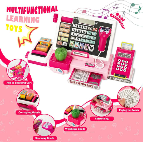 Kids Cash Register Toy with Shopping Cart - Toddler Pretend Play Store Cashier Register with Music and Calculator