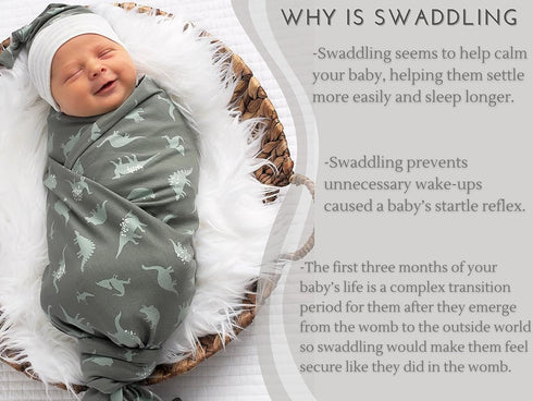Set Baby Boy Receiving Blanket Swaddle Blanket Newborn Wrap Sack Headband -Dinosaur Pattern (Green)