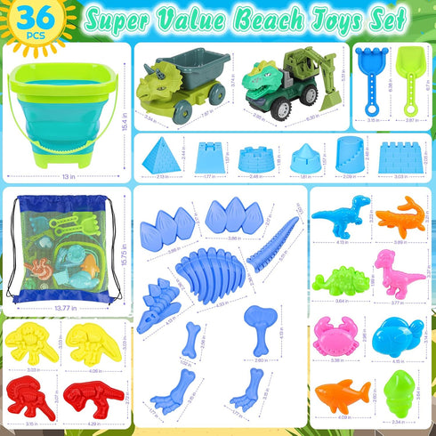 36Pcs 2 Ages3-12 Beach Toys, Dinosaur Sand Toys for Kids Toddlers, Sandbox Toys with Truck, Collapsible Beach Bucket