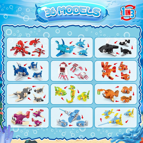 36 Packs 999PCS Set, 6-12+ VOPOGLNE Marine Animals Building Blocks Toy, Party Favors for Kids, Building Classroom