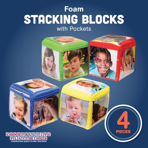 12 Constructive Playthings Customizable Stacking Block Toys with Clear Pockets for Ages Months+, Toddler Soft Foam