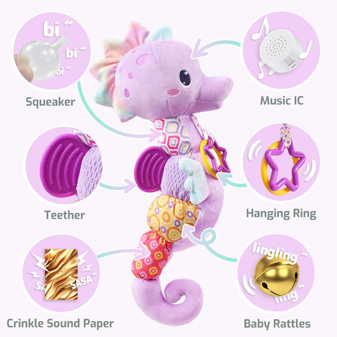 0 3 6 12 LIGHTDESIRE Baby Toys Musical Seahorse,Infant Stuffed Animals Toy with Crinkle & Rattles,Soft Sensory Toy