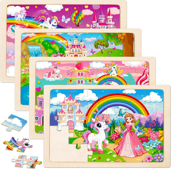 Sticeard Puzzles for Kids Ages 4-6,Unicorn Princess Wooden Jigsaw Puzzles 4 Packs Puzzles