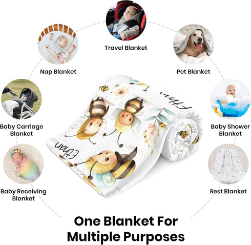 Novusopt Custom Blanket with Name,Personalized Bee Swaddle Blanket Baby Boy Girl Receiving Blankets Neutral Gift