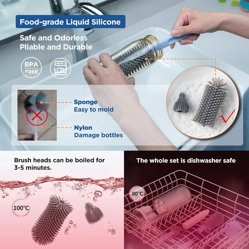 YOTIME Travel Baby Bottle Brush Set, Includes Silicone Bottle Brush, Nipple Cleaner, Straw Brush, Soap Dispenser,