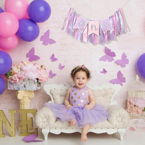 Agvgaza 1st Pink & Purple Butterfly Highchair Banner for Girls - Spring Butterfly One Party Decor & Cake Smash Photo