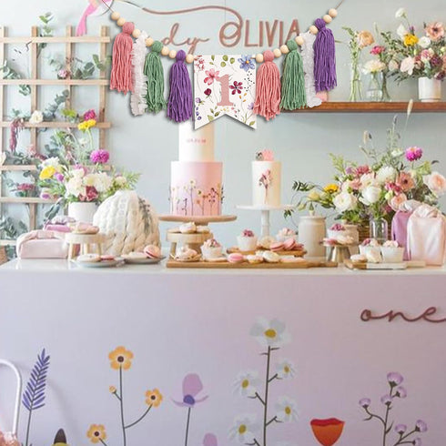ZAIBIANHAO Wildflower High Chair Banner - Fairy First Birthday Decorations,Yarn Tassel High Chair Banner,Floral One