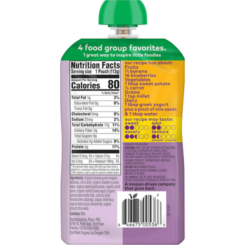 Plum Organics Mighty 4 Organic Toddler Food - 4 oz Pouch (Pack of 4) - Banana, Blueberry, Sweet Potato, Carrot, Greek