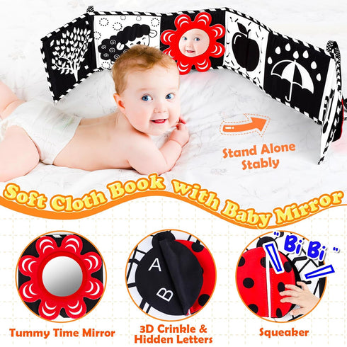 Black and White High Contrast Baby Toys 0-6 Months, Montessori Tummy Time Sensory Crinkle Toys for Newborn Infant
