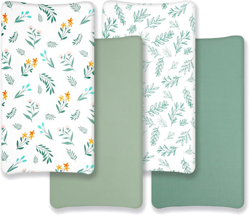 FIGEPO 4 Pack Sage Green Fitted Nursery Sheets Breathable Neutral Unisex Baby Sheets for Boys or Girls with Leaf