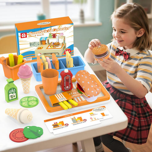 Sets Counter 56 3+ Foldable Wooden Play Food Sandwich with Storage, Pcs Pretend Play Kitchen Food Toy, Burger, Ice