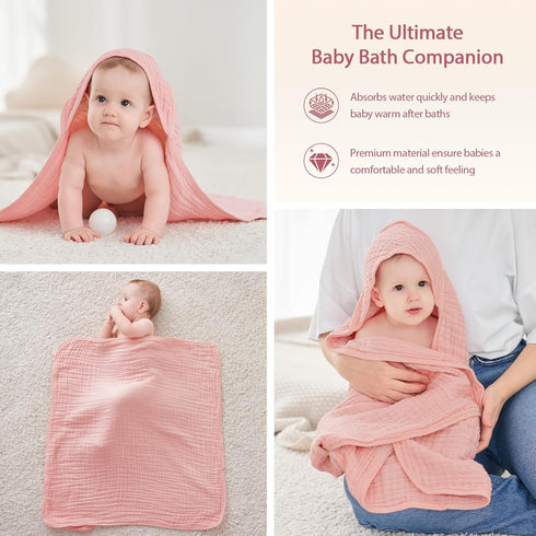 2 Pack, 100% 32x32 Inches, Unnivoll Hooded Baby Towels for Newborn - Muslin Cotton, Baby Bath Towels with Hood, Soft