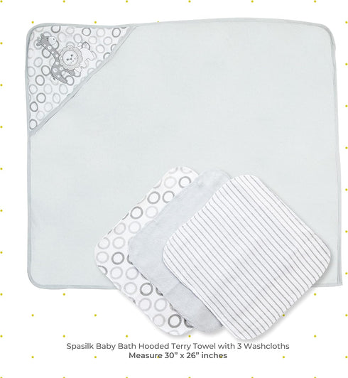 3 (Pack 3) Spasilk Baby Bath Hooded Terry Towel with Washcloths, Baby Bath Essentials, One Size, Gray Lion