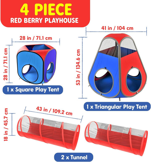 Playz 4pc Pop Up Play Tent and Tunnel Bundle, Indoor & Outdoor Playhouse for Toddlers with Storage Bag
