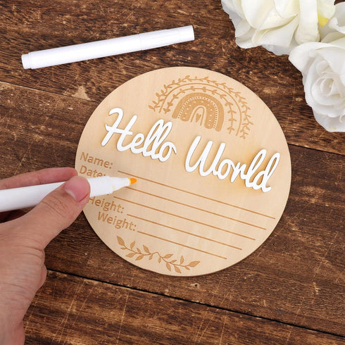 NQEUEPN 5.91x5.91in New Baby Announcement Sign, Hello World Plaque Sign Wooden Baby Name Information Sign Birth