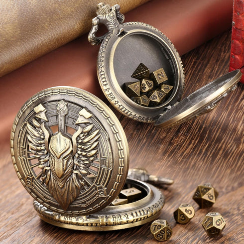 Mini DND Dice Set 7pcs Polyhedral Metal D&D Dice Steampunk Hollow Paladin Knight Warrior Pocket Watch Shell Case