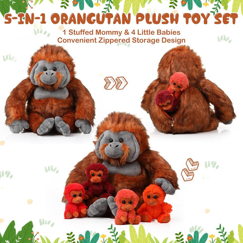 Lenwen 5 Pcs Plush Gorilla Stuffed Animals Set - 14 Inch Large Mommy Gorilla with 4 Baby Gorillas for Kids Gifts