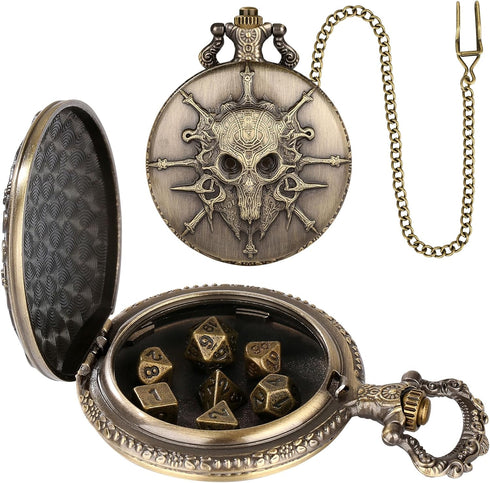 Mini DND Dice Set, 7pcs Polyhedral Metal D&D Dice with Steampunk Warlock Pocket Watch Shell Case, Bronze Gifts