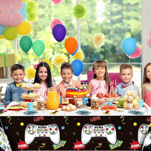 Tatuo 3 PCS Video Game Table Cover - Game Theme Plastic Table Cloth for Boys Girls Kids, 54 x 108 Inch (Cool Black)