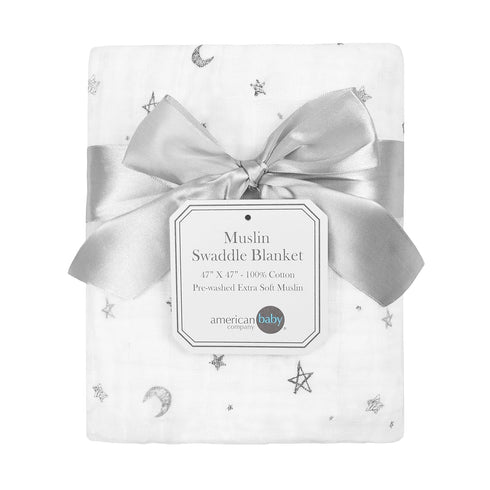 American Baby Company 100% Cotton Muslin Swaddle Blanket, Soft & Lightweight, Gray Stars/Moon, 47" x 47"
