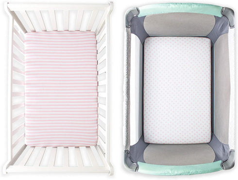 3 Pack Set 100% Pack NODNAL CO. Fitted Pink Mini Crib n Play Playard Portable Crib Sheets - Oeko-TEX Cotton Baby Girl