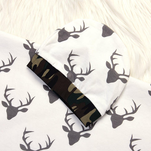 Soft Cotton Newborn Baby Swaddle Receiving Blanket, Deer Printed Bath Towel with Hat Sets