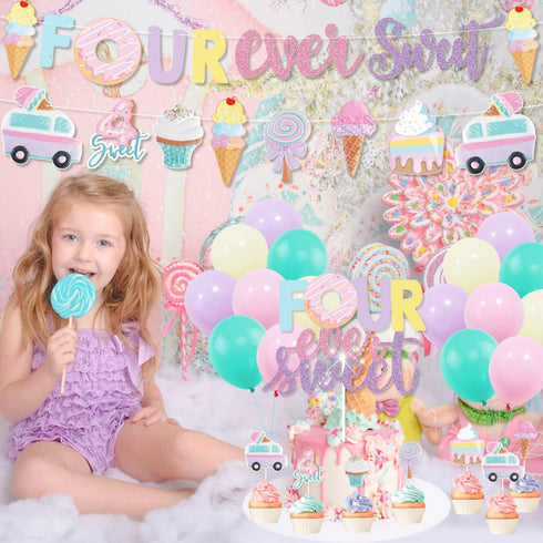 Four Ever Sweet Ice Cream Donut Party Decorations | Banner, Cake, Cupcake Toppers, Macaron, Balloons for Kids' Party