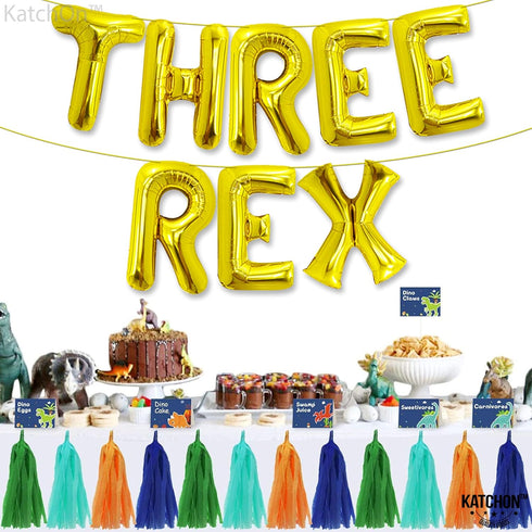 Katchon Huge Gold Three Rex Balloons - 16 Inch, Dinosaur Birthday Decorations with 3 Rex Balloons for Boy's Party