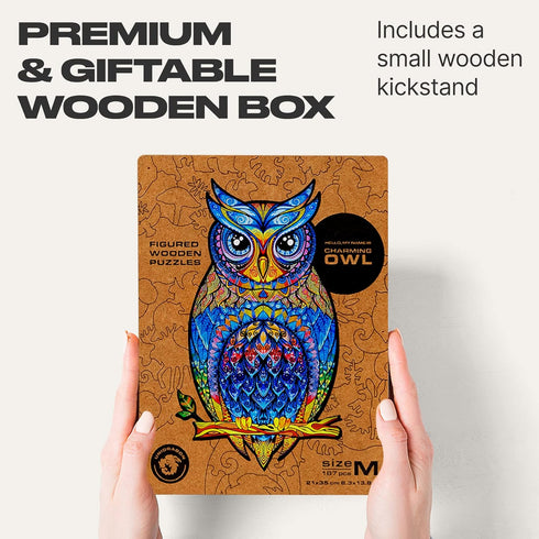 UNIDRAGON Original Wooden Jigsaw Puzzles, Charming Owl, 186 Pieces, Medium Size 8.3"x13.8", Beautiful Gift Package,