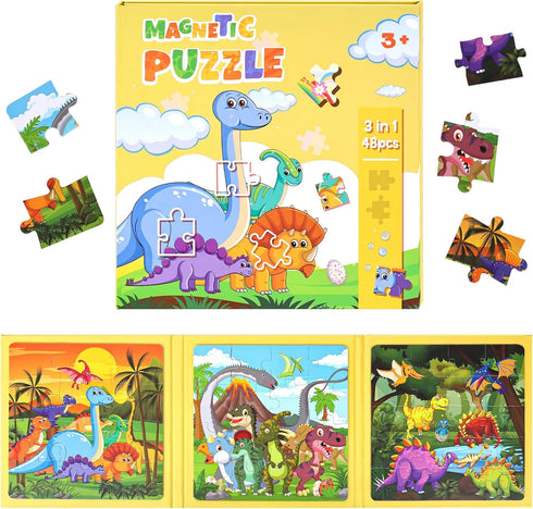 LovesTown Magnetic Travel Puzzles Book - Dinosaur Wooden Magnetic Puzzles for Toddlers Learning