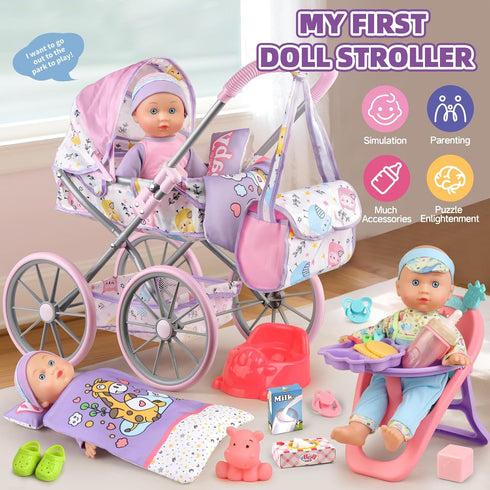 Playset 3-5 4-6 5-7 12.5" 24 2 Sets Baby Doll Stroller for Girls Toddlers Year Old to Play House Games. Stroller Toy