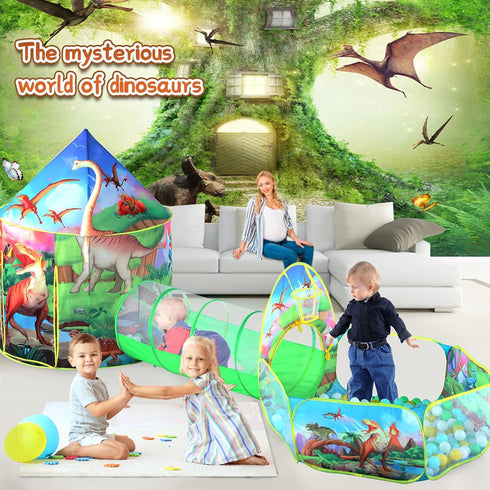 3pc Dinosaur Play Tent for Boys - Ball Pit, Crawl Tunnel, Play Tents for Toddlers, Indoor & Outdoor Play House Toys