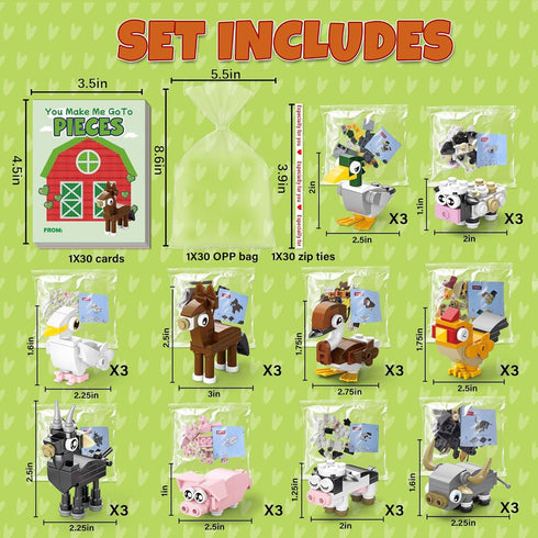 Qumic 30 Building Blocks Valentines - PCS Farm Animal Building Blocks with Valentines Day Cards, Valentines Party