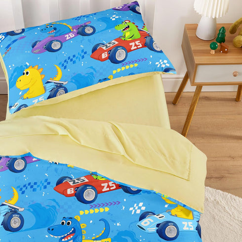 Set 4 Set Wake In Cloud - Dinosaur Toddler Bedding for Boys, Colorful Dino Race Car, Pieces Soft Crib Bed Including
