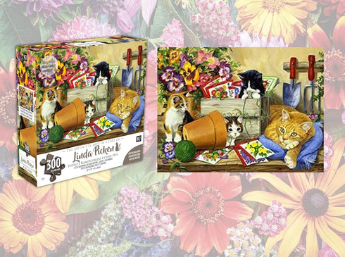 300 Piece Puzzle for Adults, Linda Picken Little Bloomers Cat & Kittens, 24 x 18 Cute Jigsaw