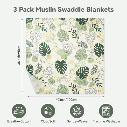 Generic 3 Pack Inches 38 40 Muslin Swaddle Blankets, Baby Receiving Blanket for Boys Girls, x Green Baby Essentials