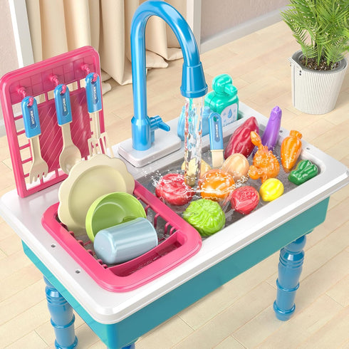 SmartChef Set Set Play Kitchen Sink Toys, Blue Electric Dishwasher Playing Toy with Running Water, Play Food
