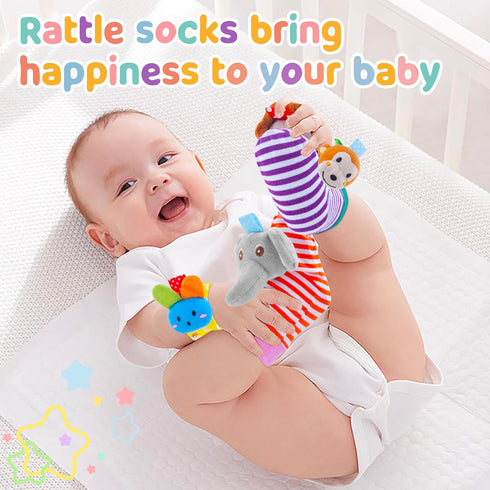 Baby Rattle Set with Cotton Socks and Wrist Strap, Infant Sensory Toys for 0-12 Months, Gifts for Boys and Girls