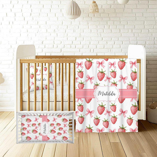 Workvalor Personalized Strawberry Baby Crib Bedding Set Custom Name 3 Piece Nursery Set