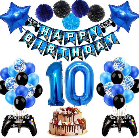 53 PCS 10th Birthday Decorations for Boys - Blue Video Game Party Supplies, Include Happy Birthday Banner, Number 10