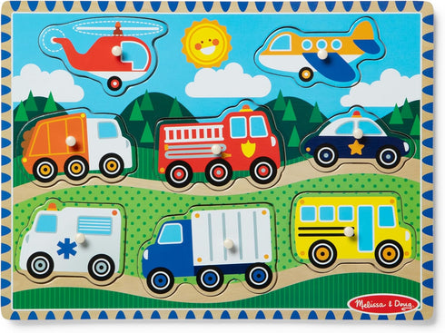 Melissa & Doug Wooden Peg Puzzle, Vehicles (8 pcs)