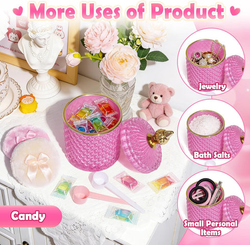 MMRYLEPTY 5 Set, 21oz Pcs Body Powder Puff Pink Glass Powder Container with Lid, Soft Powder Puffs & Spoons, Washable