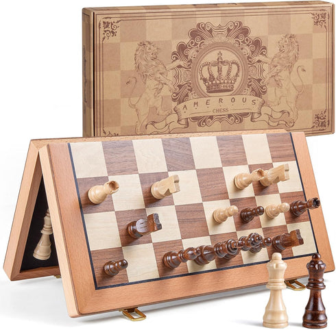 Set, 15 Inches Sets 2 Packed AMEROUS Magnetic Wooden Chess Handmade Wooden Folding Travel Chess Board Game