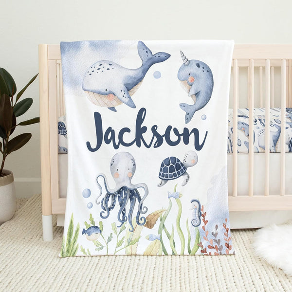 UnoCo Under The Sea Baby Blanket, Personalized Baby Boy Blanket, Baby Name Blanket,