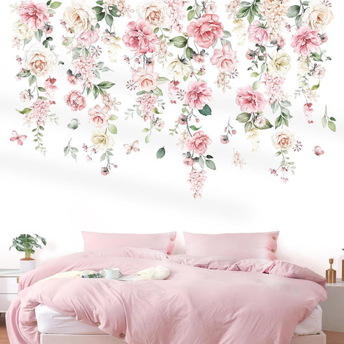 wondever Large Pink Flowers Wall Stickers Hanging Vine Floral Leaves Peel and Stick Wall Art Decals for Baby Nursery
