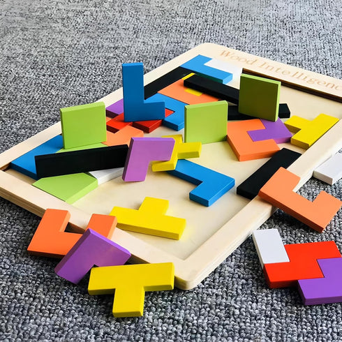 GEKELI 4 Pack Wooden Blocks Puzzles, Russian Blocks, Hexagon Puzzles, Tangrams Puzzles, Board Tic Tac Toe Game, Brain