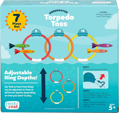 Chuckle & Roar Underwater Torpedo Toss - Outdoor Water Play with Throwing Torpedoes and Target Rings for Ages 5+