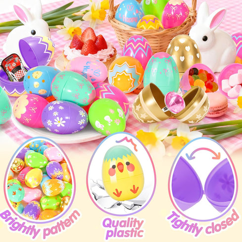 36 3.15" SevenQ Plastic Easter Eggs Empty Fillable Pcs Printed Colorful Egg for Hunt Basket Stuffers for Teens Pinata
