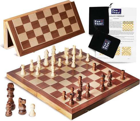 Portable Wooden Chess Set for Adults and Kids, 15" Board with Pieces & Drawstring Bag